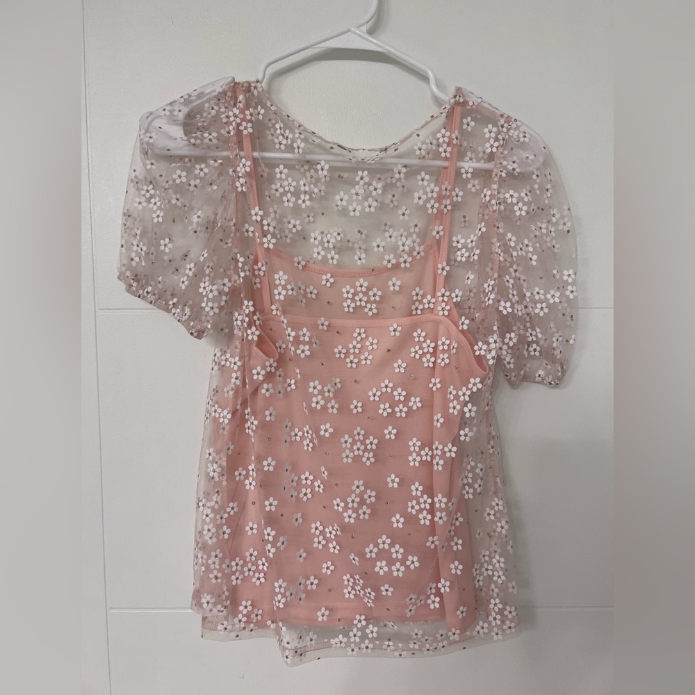 White and pink flowers blouse. Mesh/sheer material